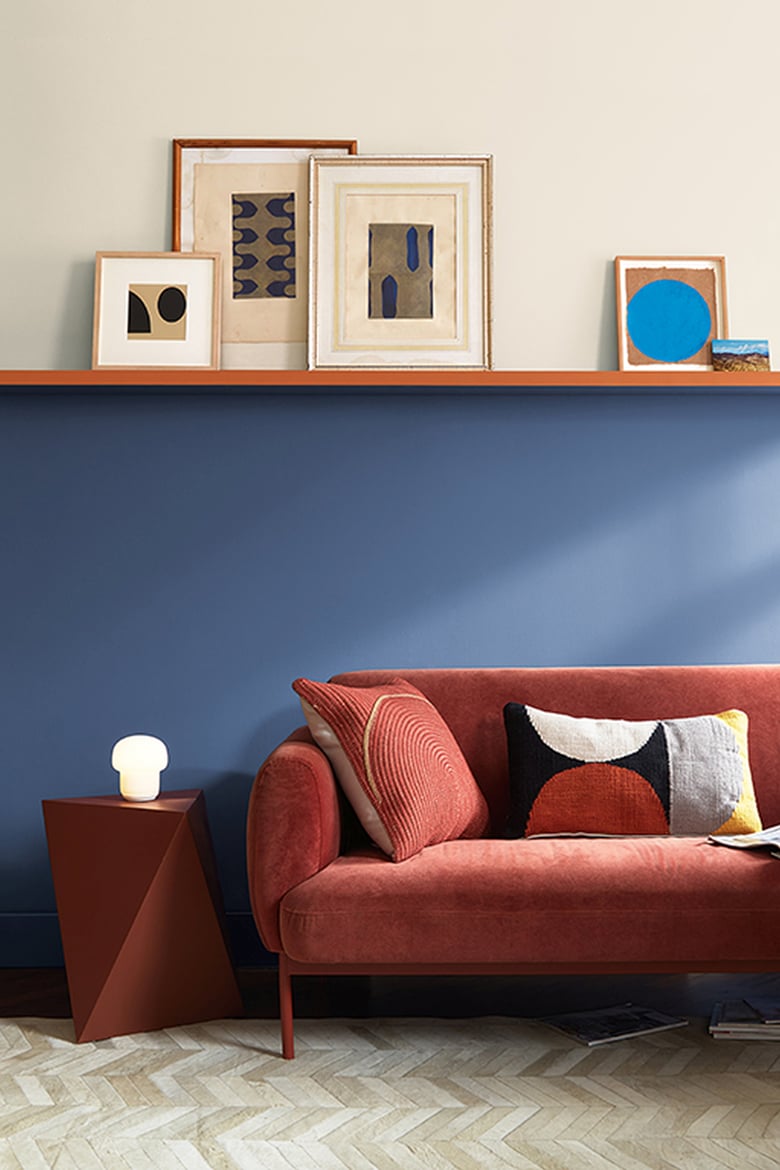 a room with a wall painted with Benjamin Moore blue nova paint