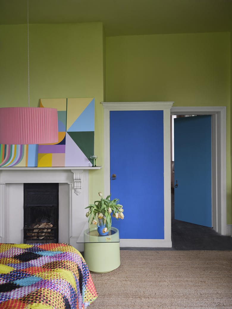 a room with walls painted with Farrow and Ball Pea Flower Tea paint
