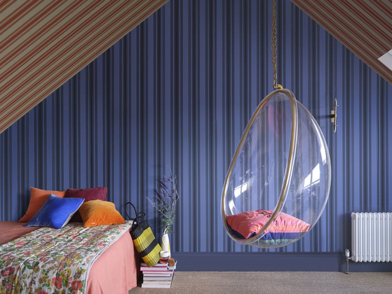 a room with Farrow and Ball Tented striped wallpaper